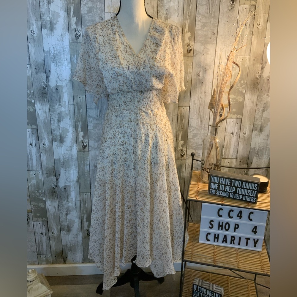 Bishop + Young floral uneven hem sheer dress. Size XS
